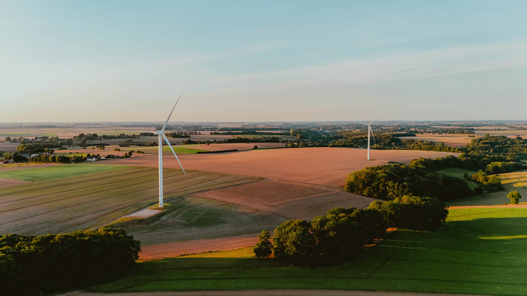 Windkraftanlagen in einer weitläufigen Agrarlandschaft im Abendlicht.